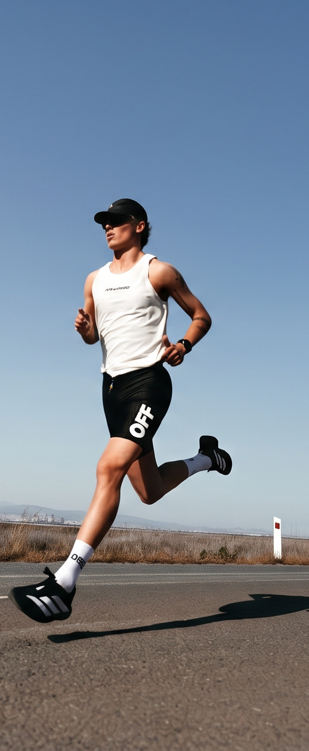 A runner at pace on an empty coast road under open sky, a city skyline far behind