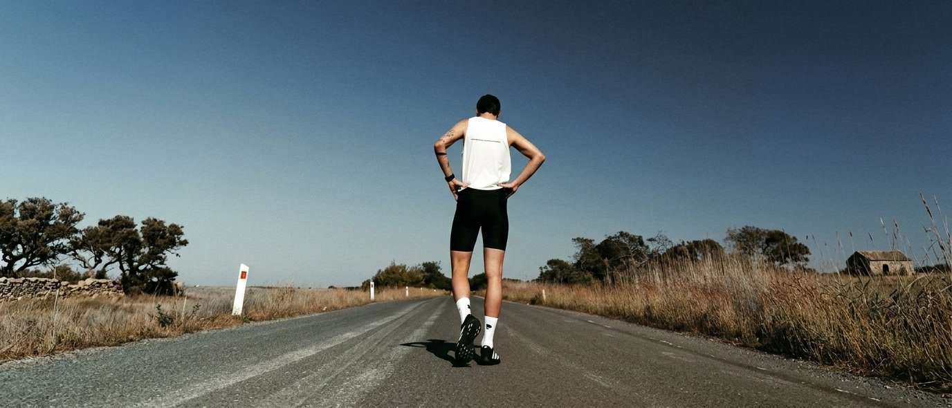 An athlete seen from behind, hands on hips, standing in the middle of an empty coast road under a deep blue sky